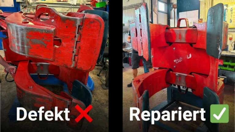 Vergleich einer defekten und reparierten Papierrollenklammer – links defekt, rechts nach der Instandsetzung in der Werkstatt.