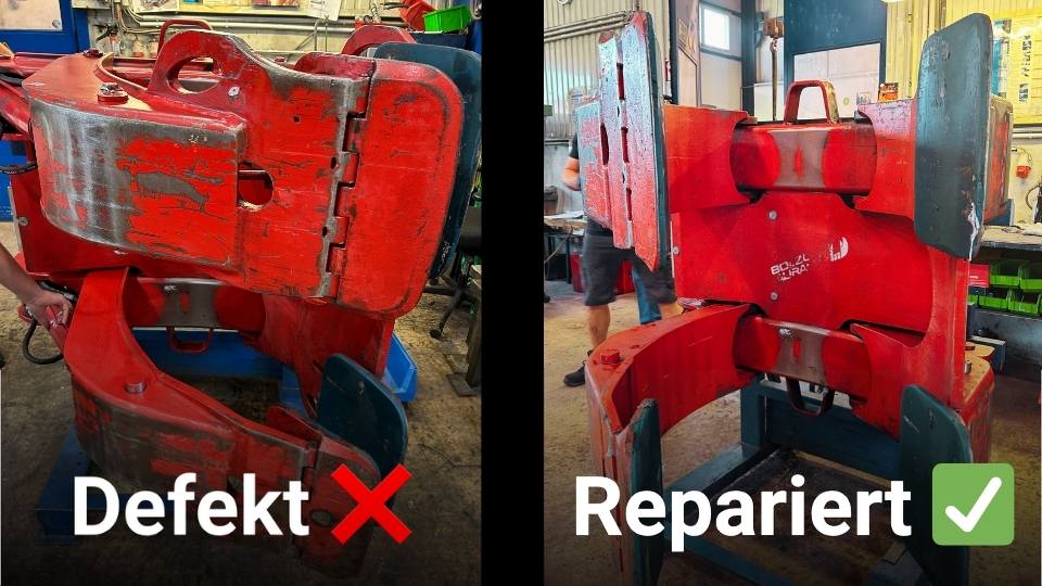 Vergleich einer defekten und reparierten Papierrollenklammer – links defekt, rechts nach der Instandsetzung in der Werkstatt.